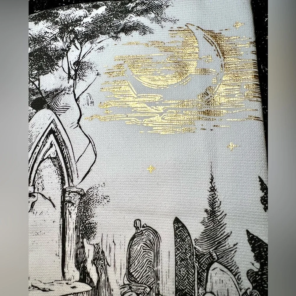 Kassafina Halloween Cemetery Set of 2 Tea Towel with Gold Moon Accent.